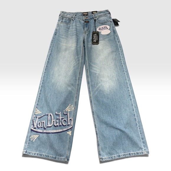 Von Dutch Denim - Von Dutch Women Extra Wide Leg Flare Jeans Loose Sz 27 Patch Embroidered Y2K 90s